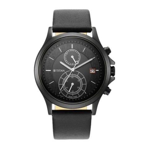 Titan 1870NL01 Workwear Black Dial Dual Time Leather Strap watch for Men