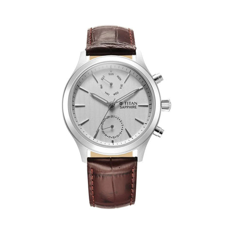 Titan 1874SL03 Sapphire Multifunction Quartz Analog with Day and Date White Dial Leather Strap Watch for Men
