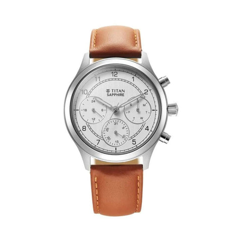 Titan 1874SL05 Sapphire Quartz Multifunction White Dial Leather Strap Watch for Men