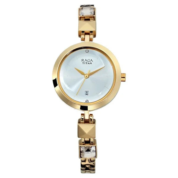 Titan 2606YM01 Raga Viva Silver Dial Analog with Date Golden Metal Strap watch for Women