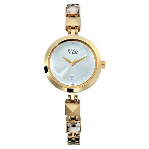 Titan 2606YM01 Raga Viva Silver Dial Analog with Date Golden Metal Strap watch for Women
