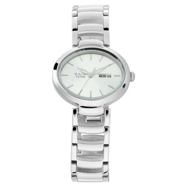 Titan 2620SM01 Raga Viva Silver Dial Analog with Day and Date Metal Strap Watch for Women