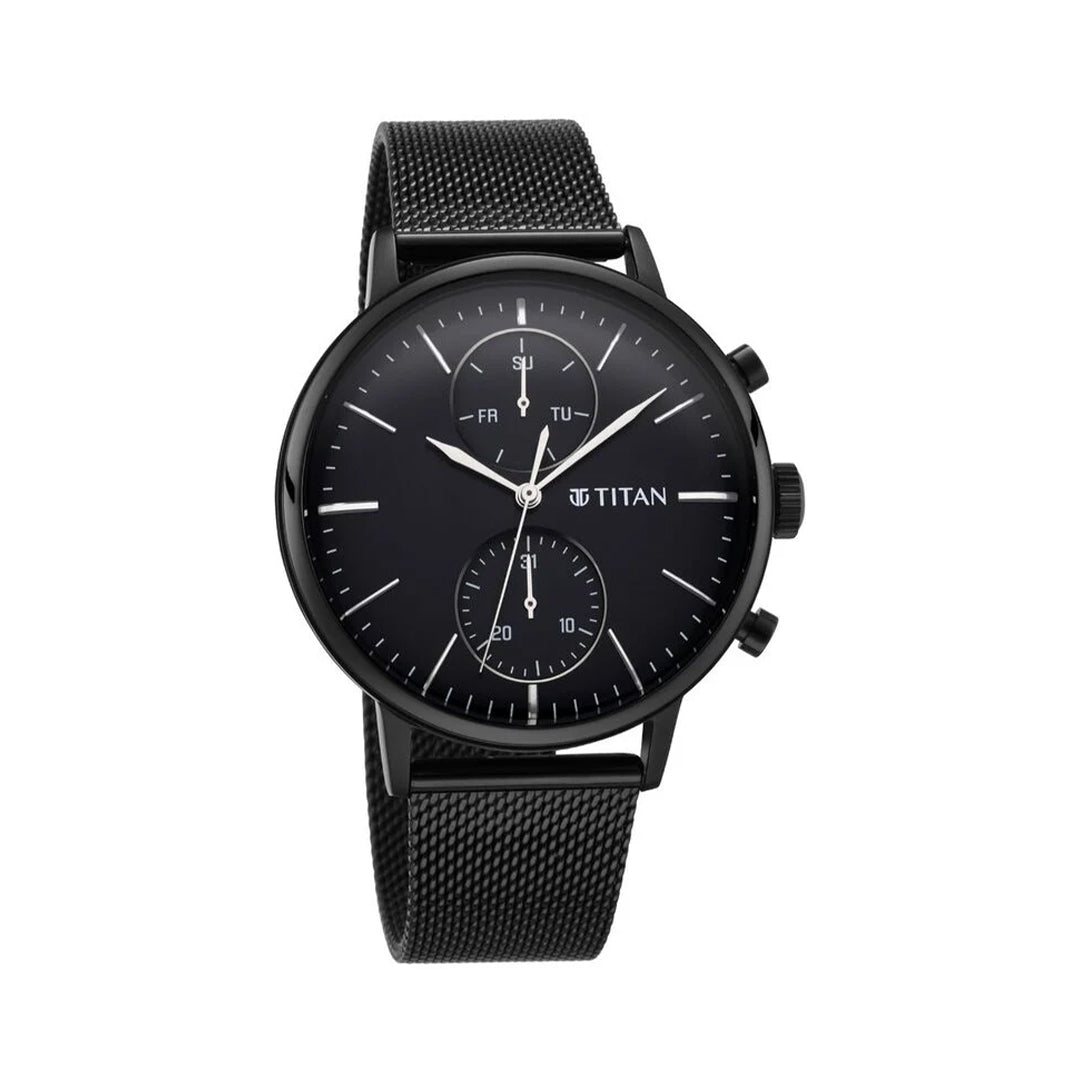 Titan 90135NM01 Light Leathers Black Dial Quartz Multifunction Stainless Steel Strap Watch for Men