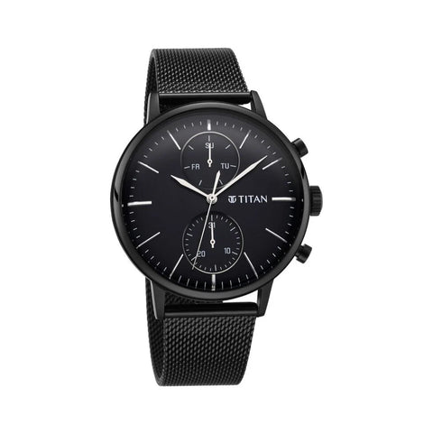 Titan 90135NM01 Light Leathers Black Dial Quartz Multifunction Stainless Steel Strap Watch for Men