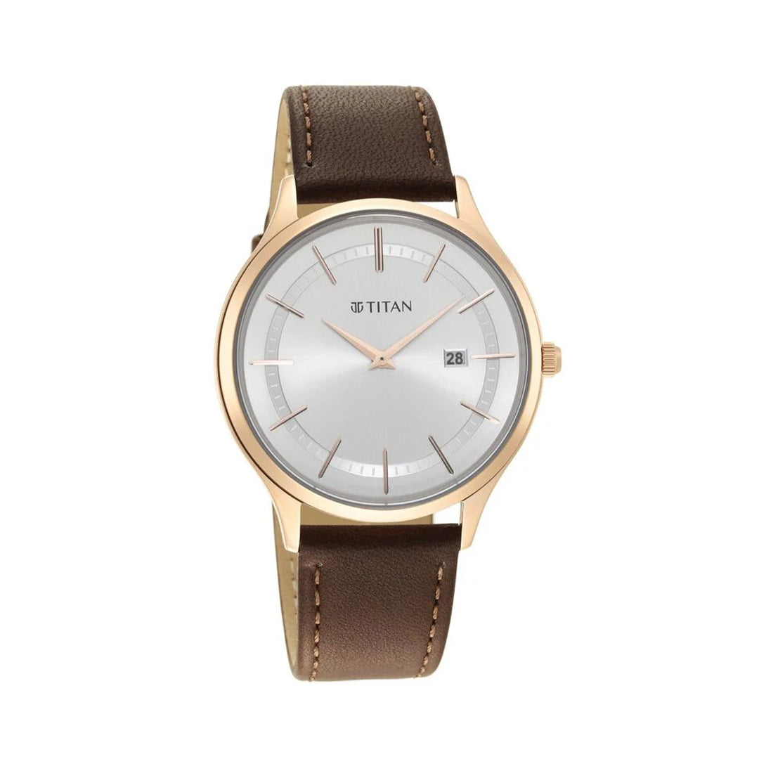 Titan 90142WL01 Classique Slimline Silver Dial Analog with Date Leather Strap watch for Men