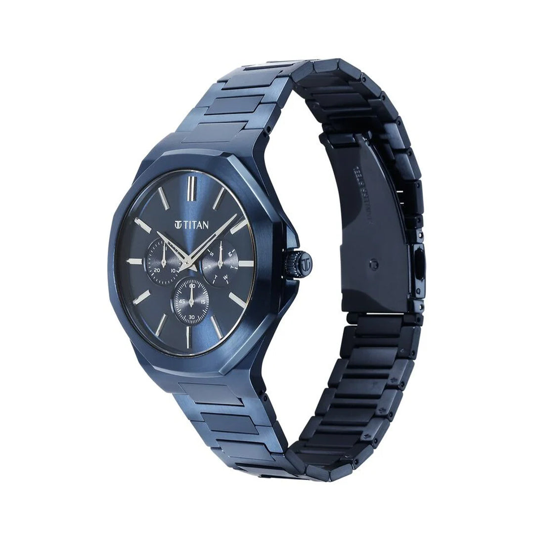 Titan 90198QM01 Classic Slim Multifunction Quartz Multifunction Blue Dial Stainless Steel Strap Watch For Men