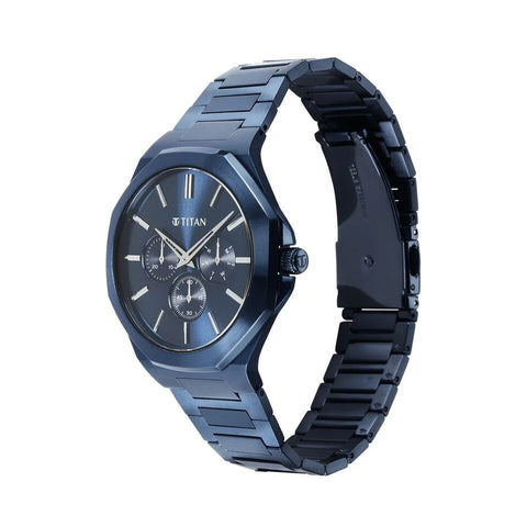 Titan 90198QM01 Classic Slim Multifunction Quartz Multifunction Blue Dial Stainless Steel Strap Watch For Men