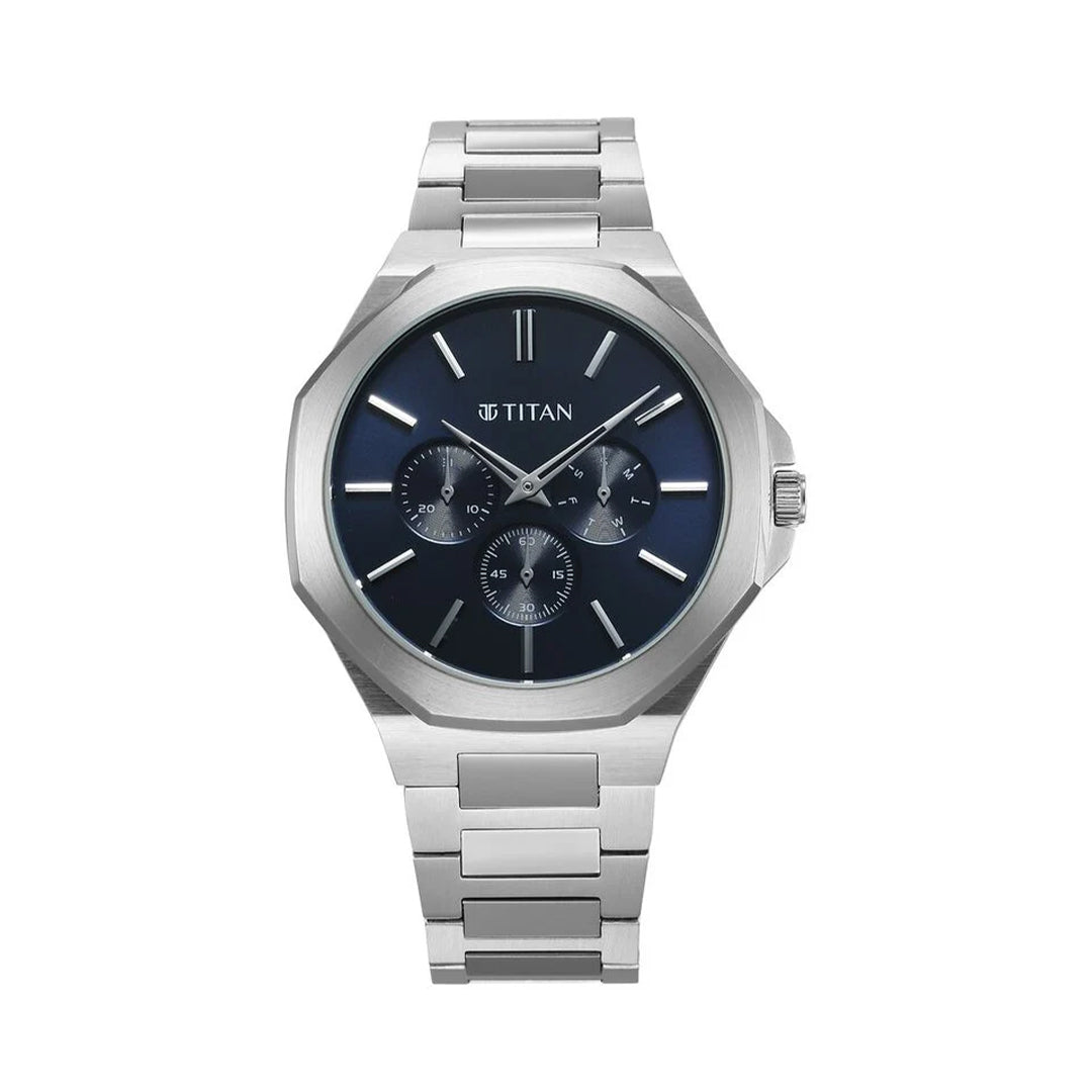 Titan 90198SM01 Classic Slim Multifunction Quartz Multifunction Blue Dial Stainless Steel Strap Watch For Men