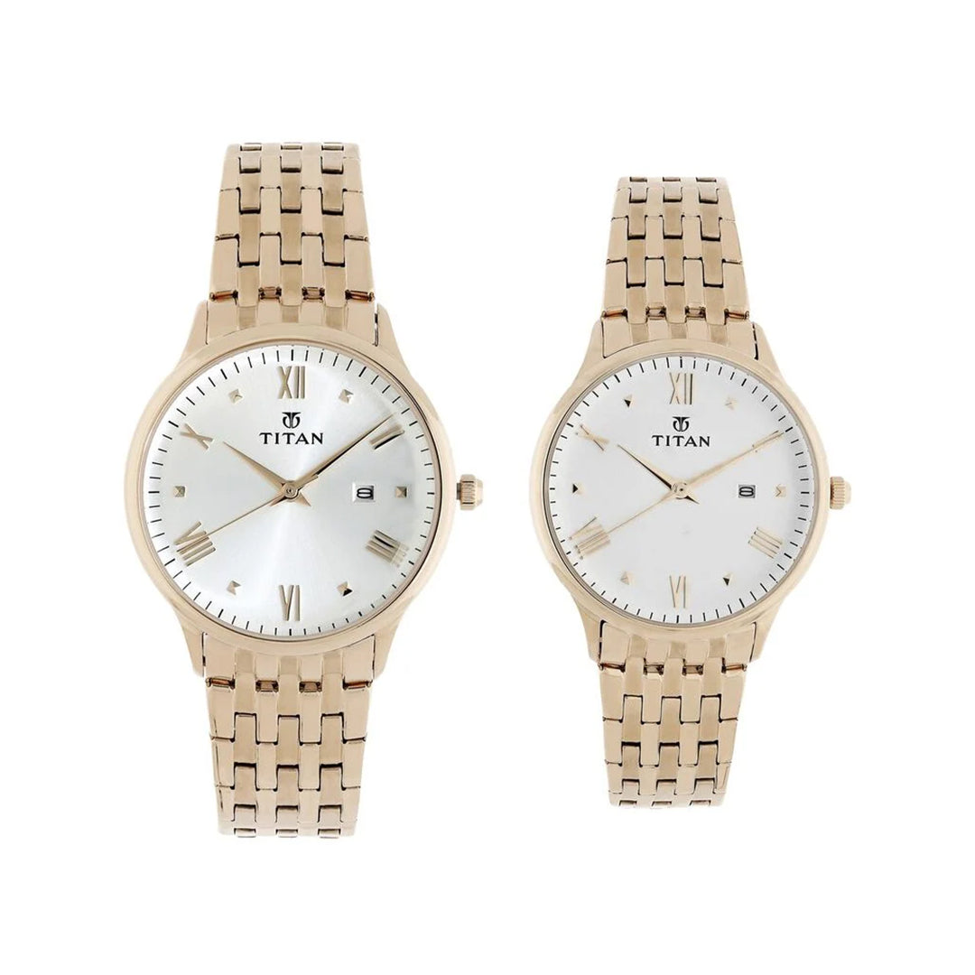 Titan 9400194201WM01 Bandhan Rose Gold Dial Analog with Date Stainless Steel Strap watch for Couple