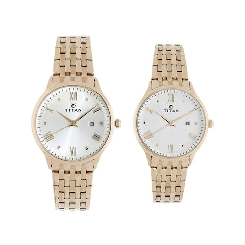 Titan 9400194201WM01 Bandhan Rose Gold Dial Analog with Date Stainless Steel Strap watch for Couple