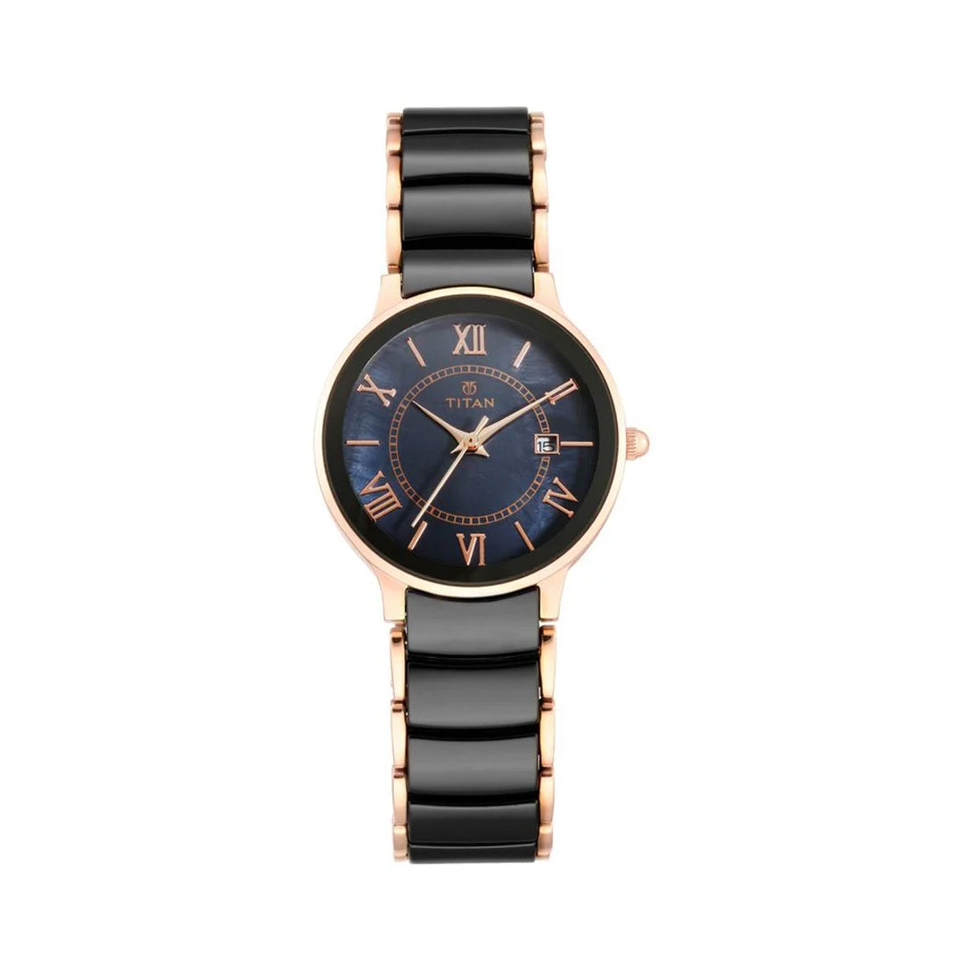 Titan 95016WD01 Quartz Analog with Date Black Dial Stainless Steel & Ceramic Strap Watch for Women