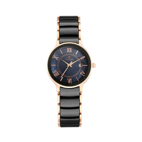 Titan 95016WD01 Quartz Analog with Date Black Dial Stainless Steel & Ceramic Strap Watch for Women