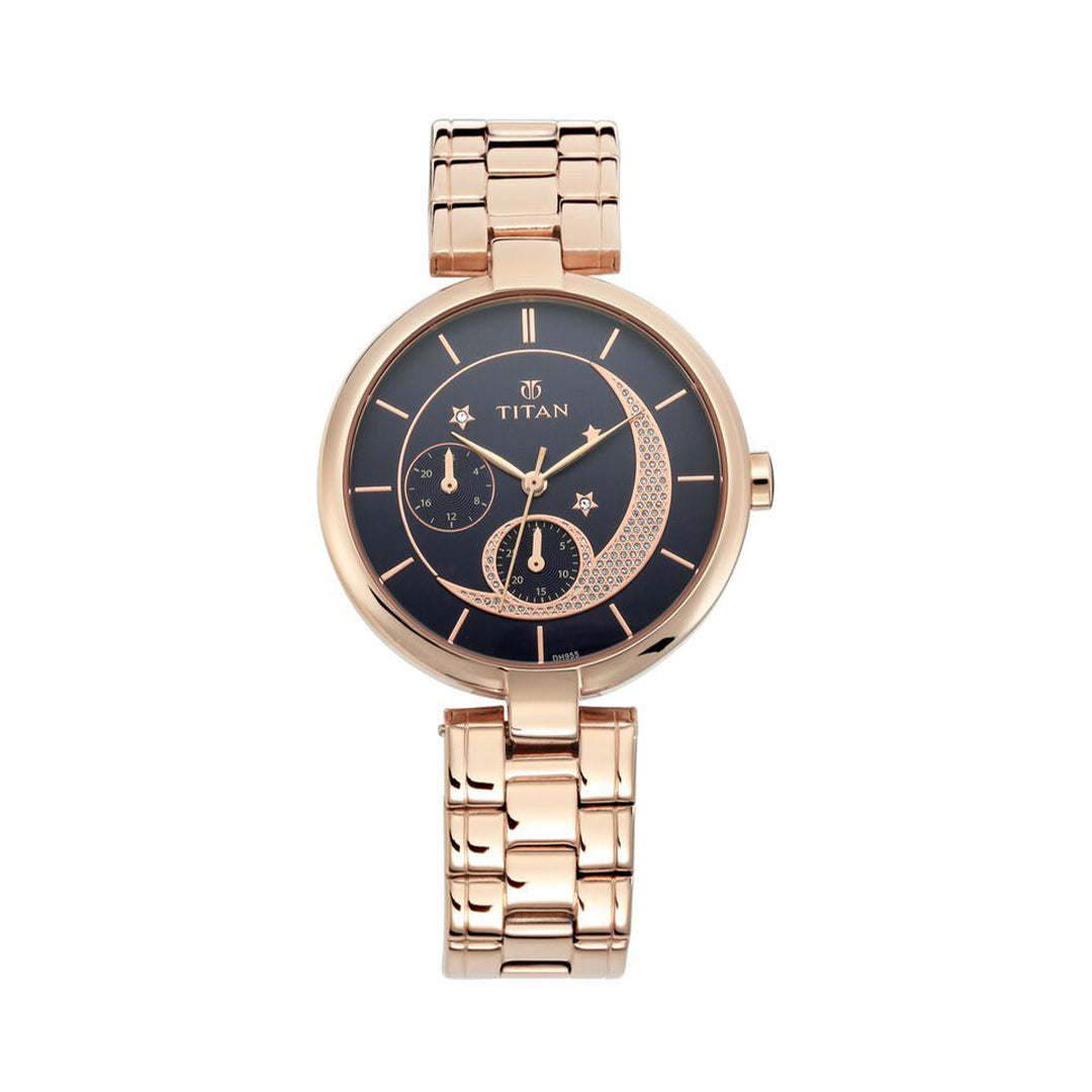 Titan 95086WM01 Stellar Quartz Multifunction Black Dial Stainless Steel Strap Watch for Women