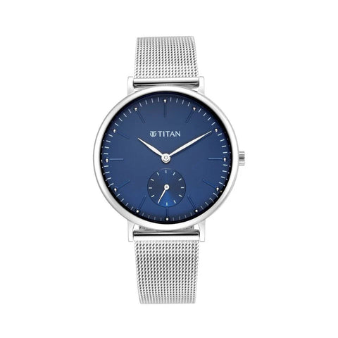 Titan 95142SM01 Slimline Quartz Analog Offset Second Hand Blue Dial with Mesh Strap Watch for Women