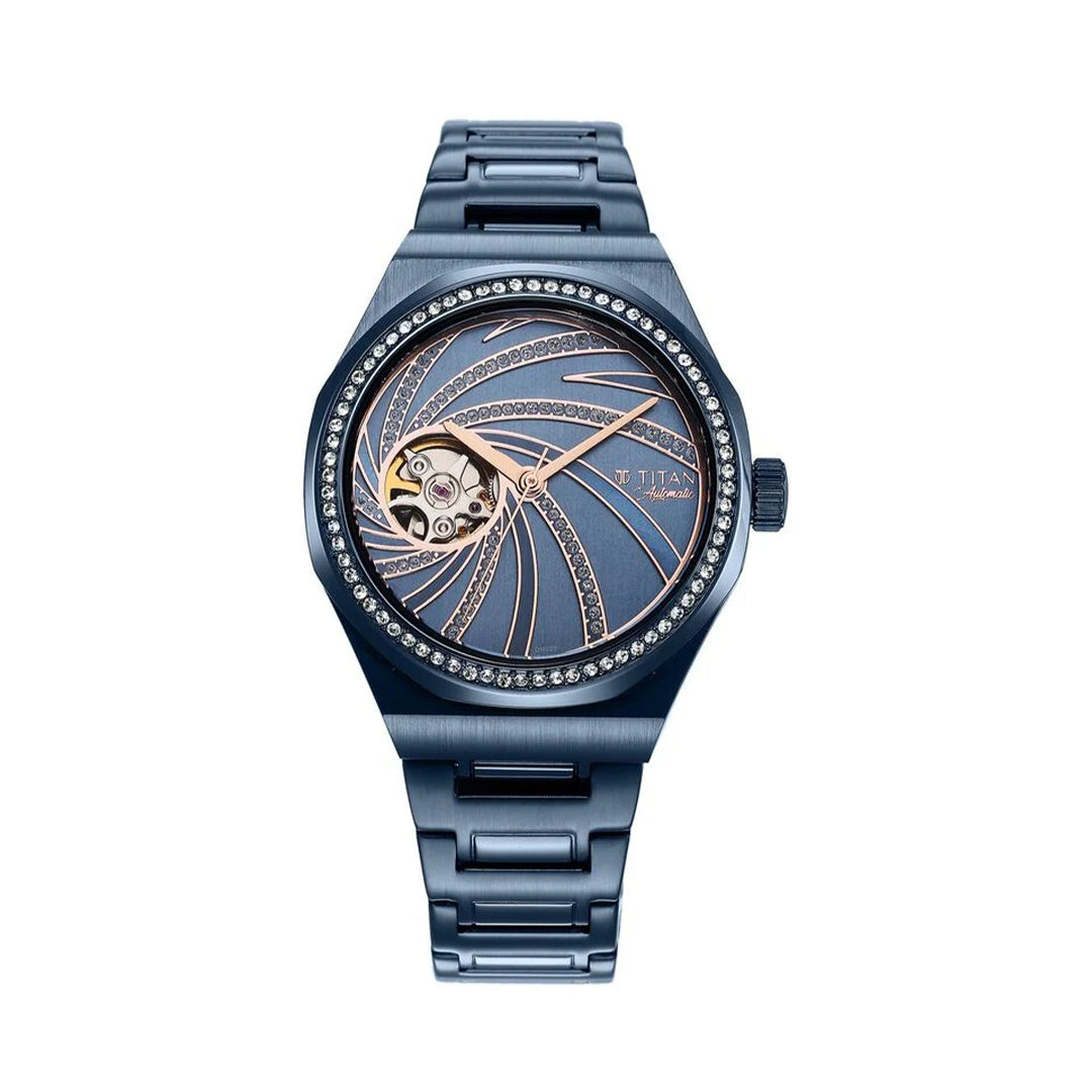Titan 95177QM01 Unending Beauty Automatic Blue Dial Analog Stainless Steel Strap watch for Women