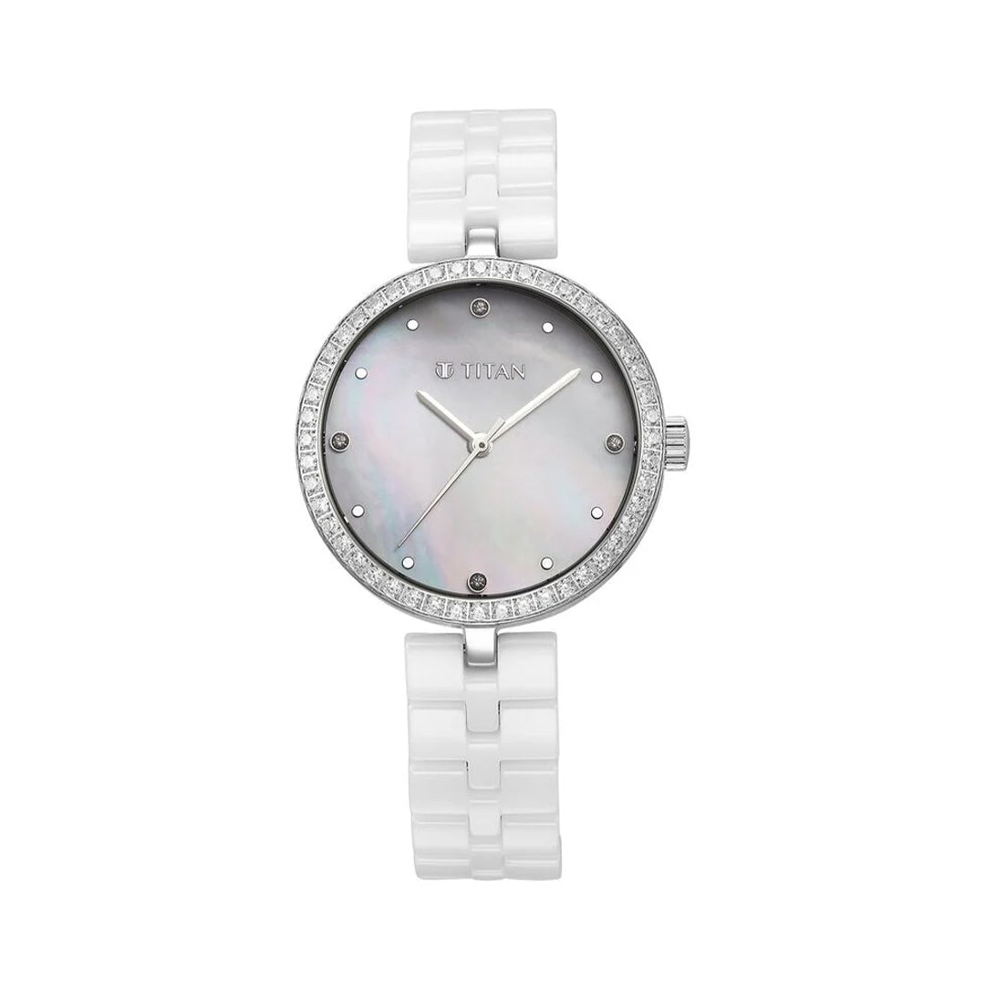 Titan 95215KC01 Purple Ceramics Quartz Analog Mother of Pearl Dial White Ceramic Strap Watch For Women