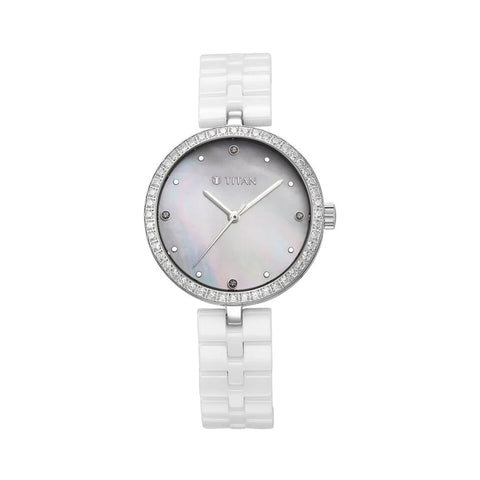 Titan 95215KC01 Purple Ceramics Quartz Analog Mother of Pearl Dial White Ceramic Strap Watch For Women