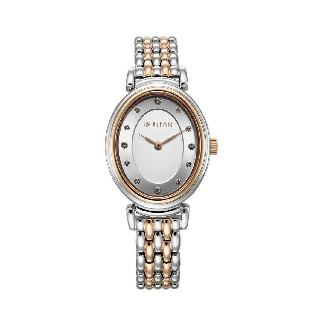 Titan 95242KM01 Aura Quartz Analog Silver Dial With Two Toned Stainless Steel Strap Watch For Women