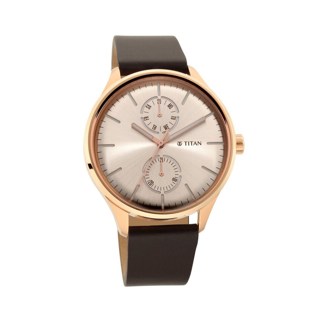 Titan Evoke Champagne Dial Analog with Day and Date Stainless Steel Strap watch for Men 1833WL01