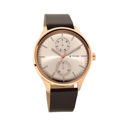 Titan Evoke Champagne Dial Analog with Day and Date Stainless Steel Strap watch for Men 1833WL01