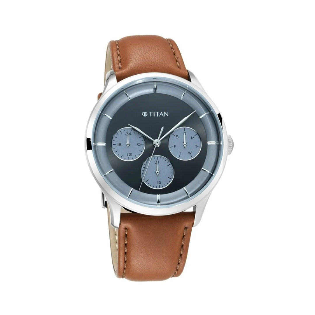 Titan Light Leathers Black Dial Quartz Multifunction Leather Strap watch for Men 90125SL01