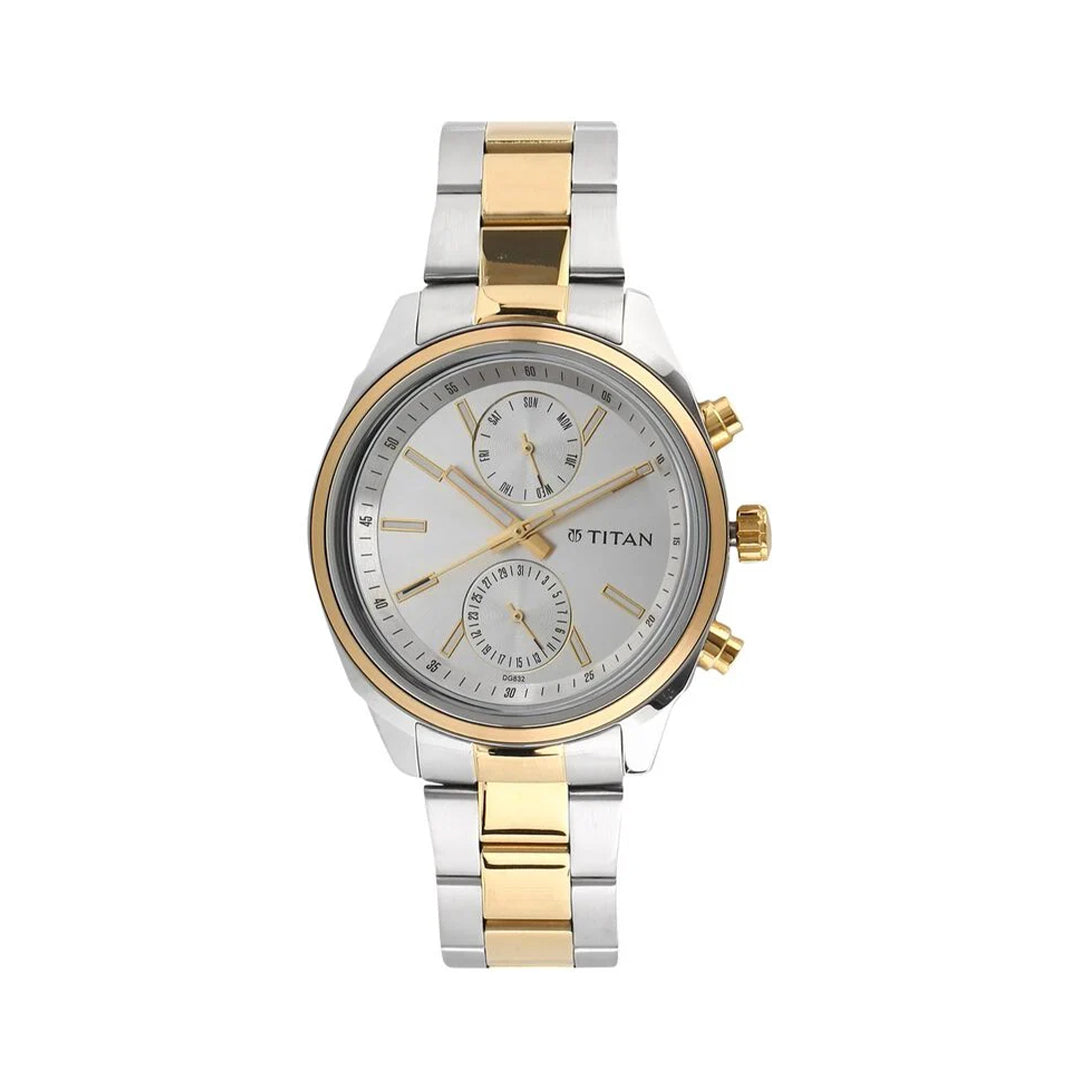 Titan 1733BM01 Men's Metropolitan Luxe Multifunction Silver Dial with Two-Tone Stainless Steel Bracelet Watch