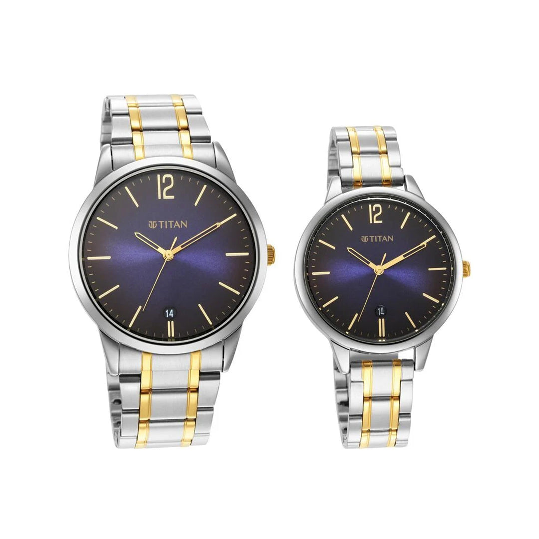 Titan Quartz Analog with Date Blue Dial Stainless Steel Strap Watch for Couple 18062617BM01