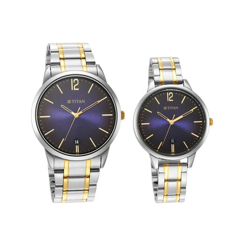 Titan Quartz Analog with Date Blue Dial Stainless Steel Strap Watch for Couple 18062617BM01