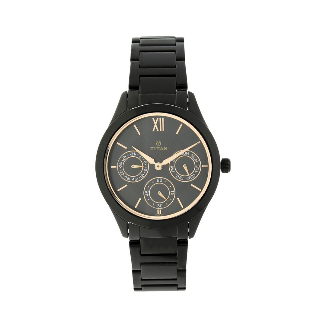 Titan 2570NM01 Quartz Analog with Day and Date Black Dial Stainless Steel Strap Watch for Women