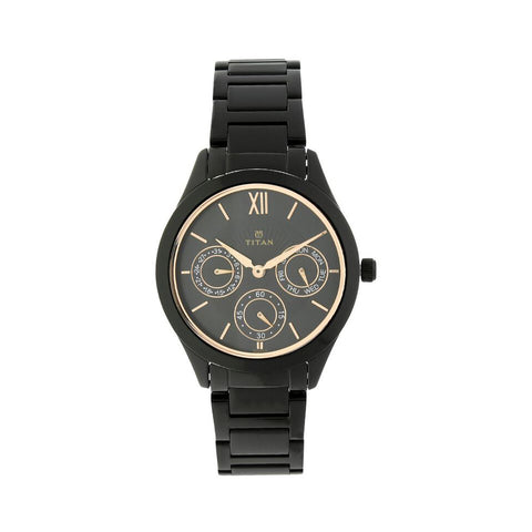 Titan 2570NM01 Quartz Analog with Day and Date Black Dial Stainless Steel Strap Watch for Women