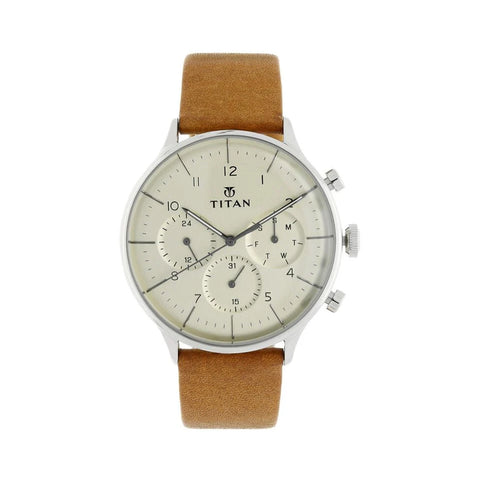 Titan Quartz Multifunction Silver Dial Leather Strap Watch for Men 90102SL01