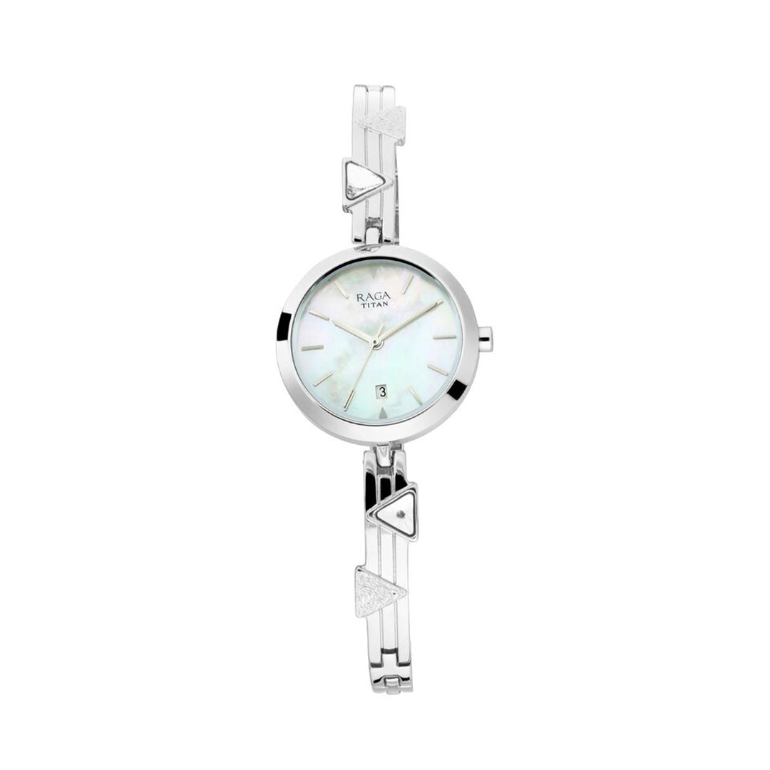 Titan Raga Viva Mother of Pearl Dial Analog with Date Silver Metal Strap Watch for Women 2606SM03