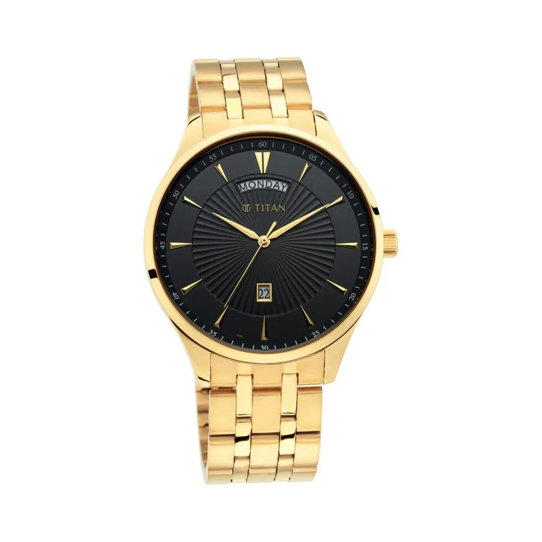 Titan Regalia Opulent Black Dial Analog with Day and Date Stainless Steel Strap watch for Men 90127YM02