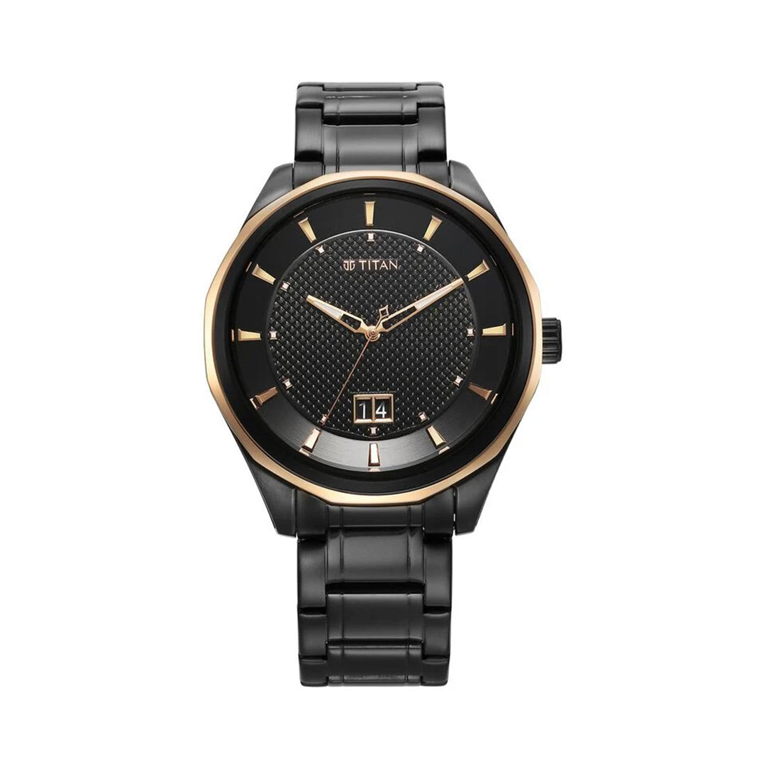 Titan Regalia Opulent Quartz Analog with Date Black Dial Black Stainless Steel Strap Watch for Men 1829KM04