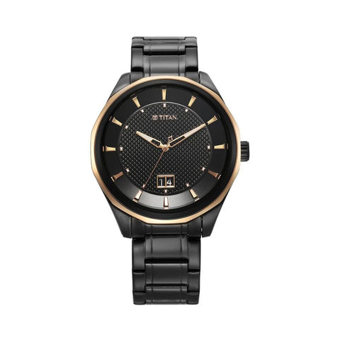 Titan Regalia Opulent Quartz Analog with Date Black Dial Black Stainless Steel Strap Watch for Men 1829KM04