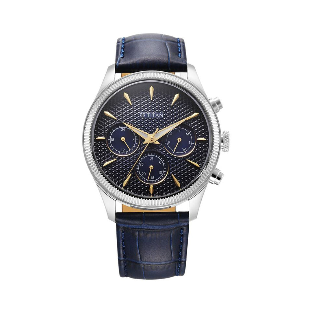 Titan Regalia Opulent Quartz Analog with Day and Date Blue Dial Blue Leather Strap Watch for Men 1805SL13