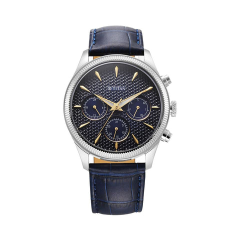 Titan Regalia Opulent Quartz Analog with Day and Date Blue Dial Blue Leather Strap Watch for Men 1805SL13