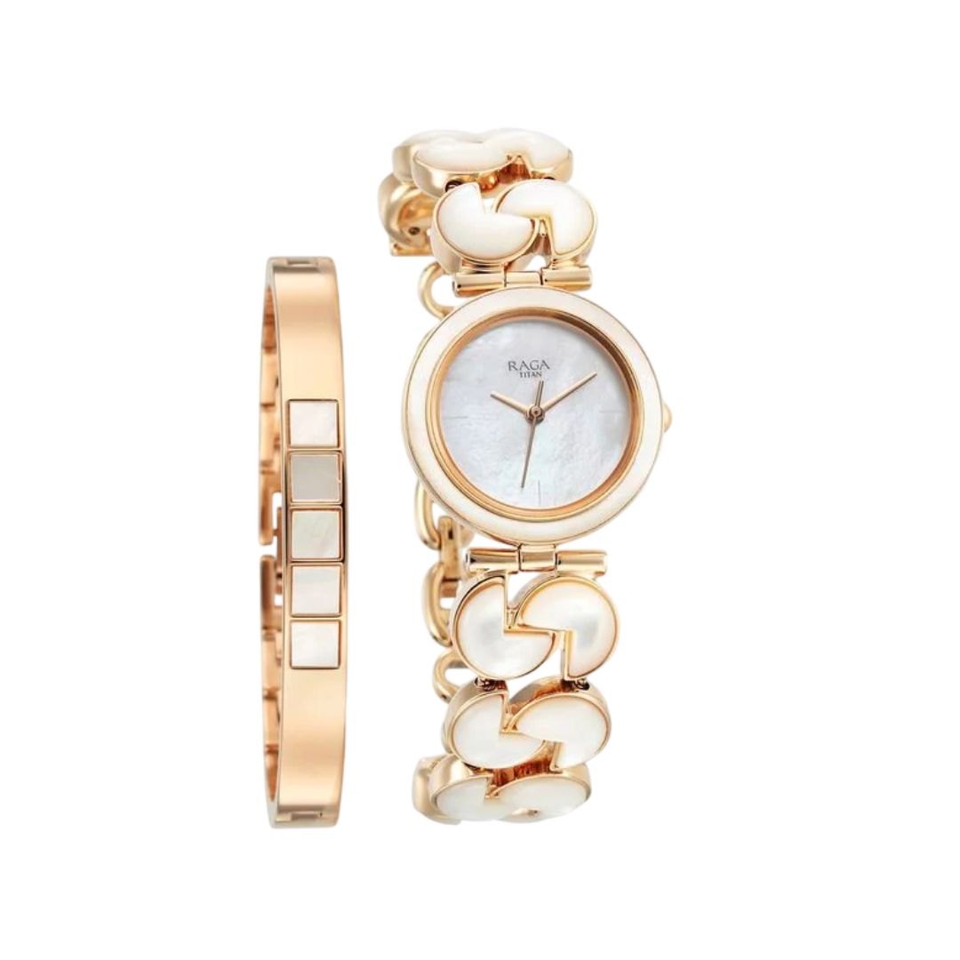 TITAN 95233WM01 Raga Power Pearls Quartz Analog Mother Of Pearl Dial Metal Strap Watch for Women